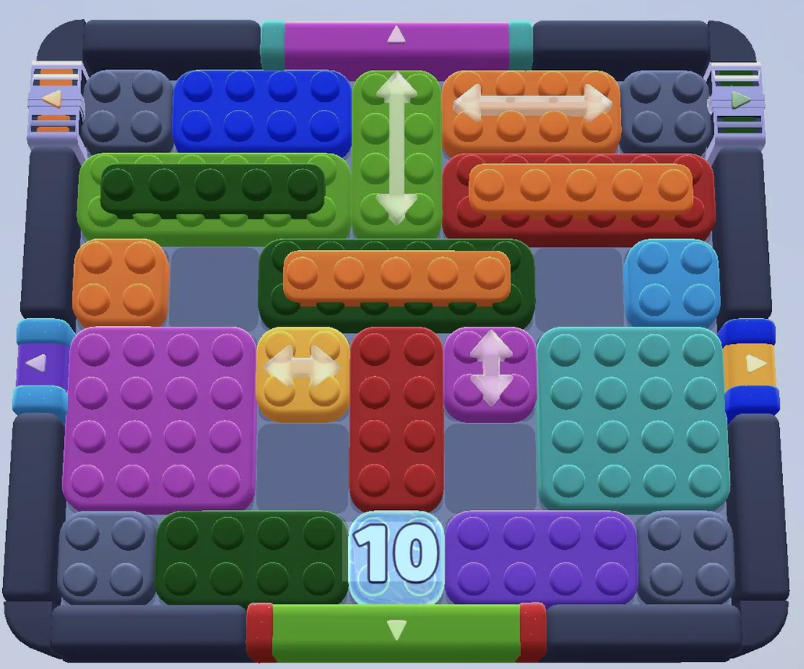 Bàn Color Block Jam nâng cao có nhiều khối màu, mũi tên, vật cản và cổng quanh mép