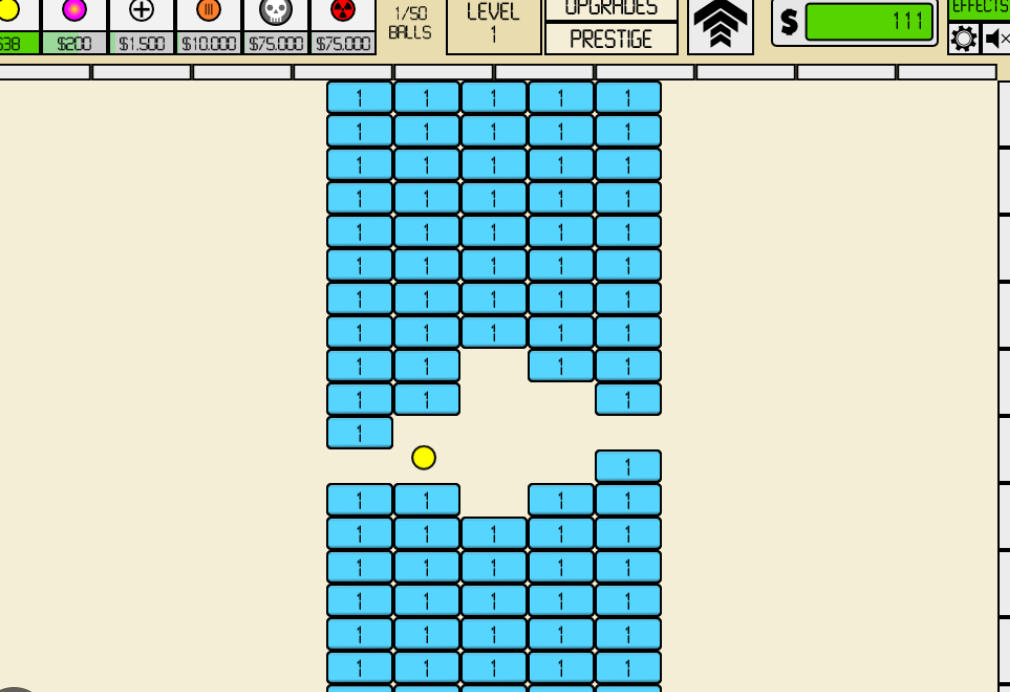 Idle Breakout upgrade screen showing ball improvements and idle progression options