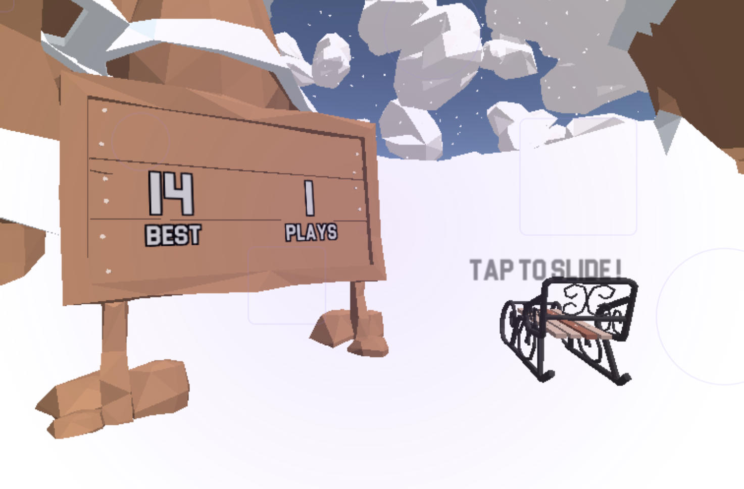 Snow Rider 3D gameplay showing a sled racing downhill between trees on a snowy slope